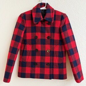 J. Crew Buffalo Plaid Wool Pea Coat Red & Navy Double Breasted Size 00P